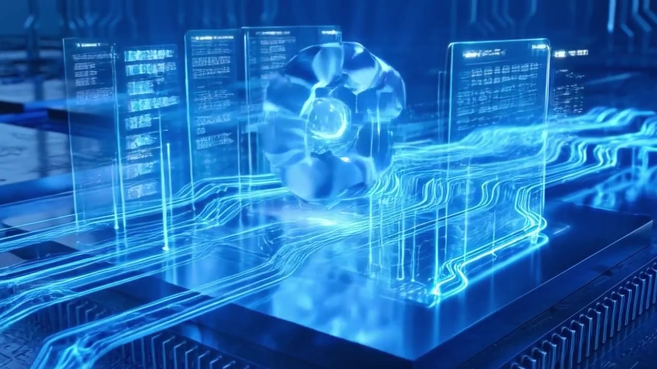 Digital Circuit Board with Glowing Data Streams and Holographic Interfaces