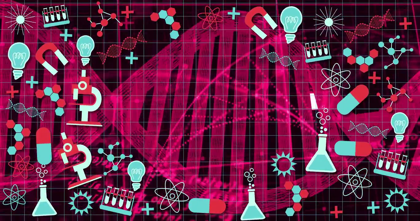 On play icons spawning, moving inward, settling around magenta DNA helix to reveal science network