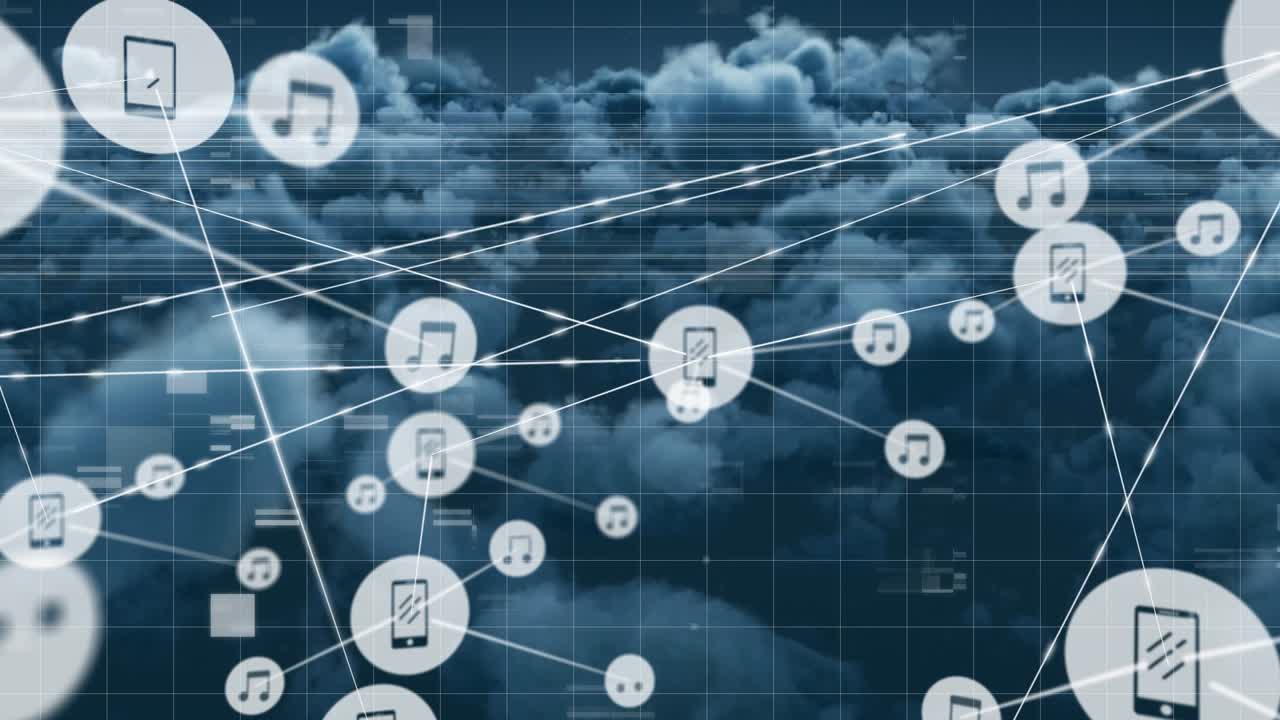 Animation of network of connections with icons over data processing