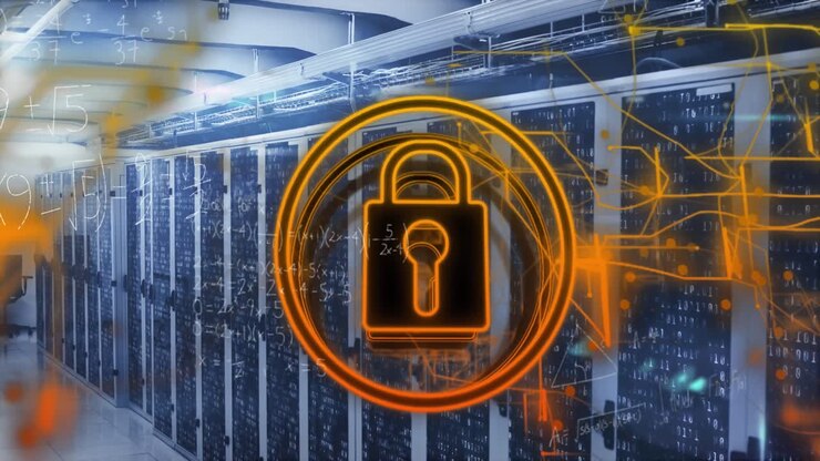 Animation of security padlock icon, yellow light trails, mathematical equations against server room