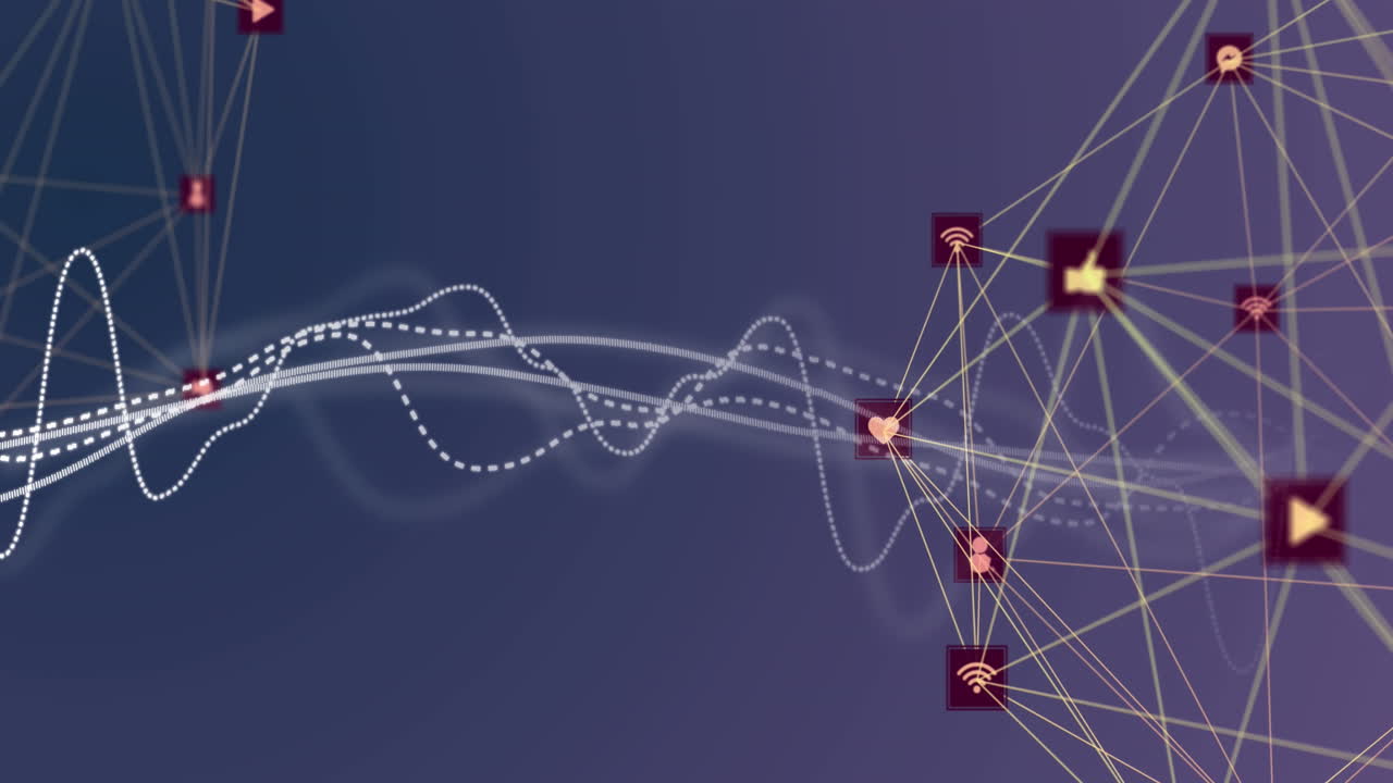 animación de gráficos sobre íconos conectados que forman globos contra un fondo azul