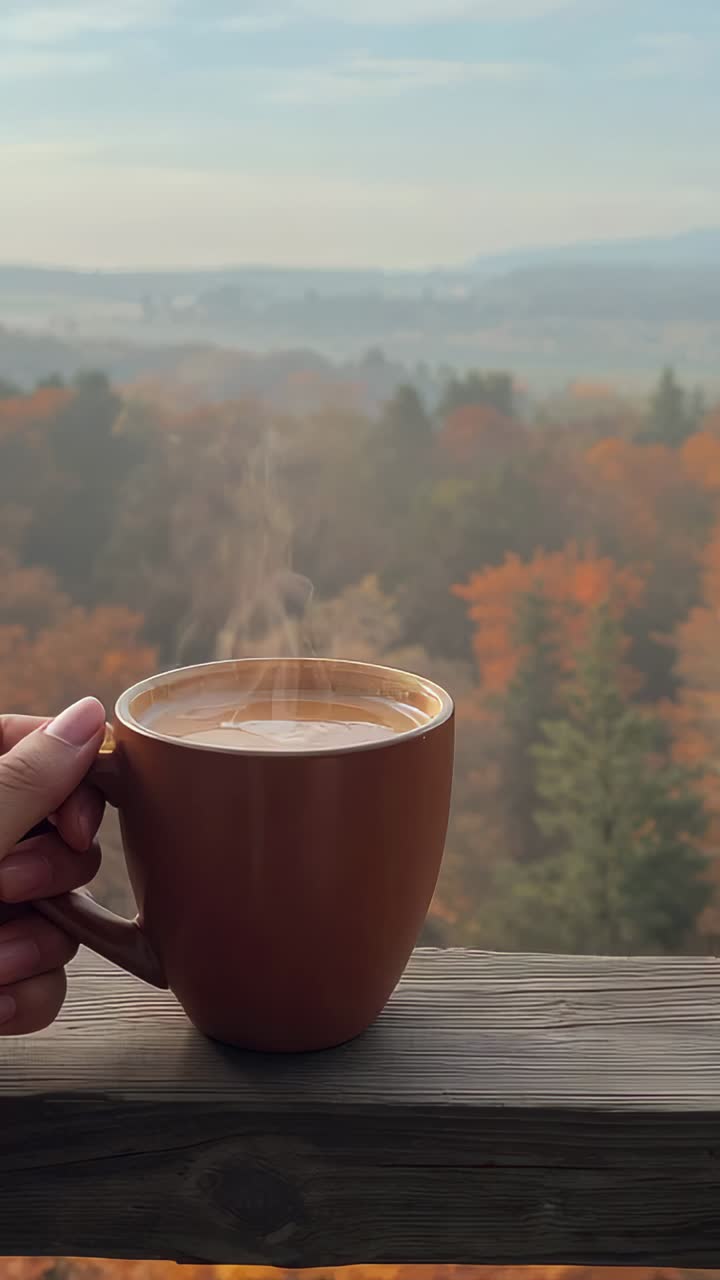 Vertical video: Placing hand holding brown mug on deck railing, steam warming hand, autumn valley