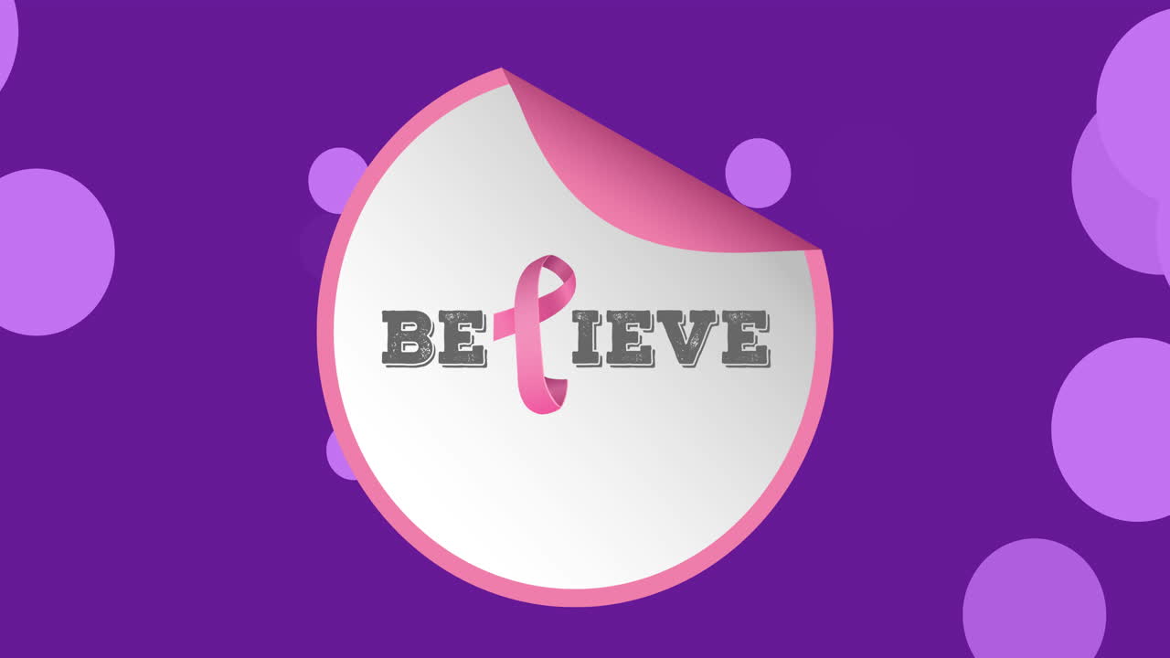 유방암 인식 텍스트와 보라색 배경에 분홍색 리본의 애니메이션