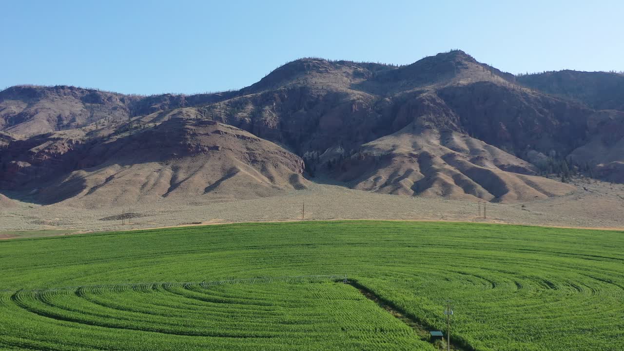 활동 중인 중앙 축 관개: 캐나다 브리티시 컬럼비아의 캐시 크리크 근처의  ⁇ 슨 강 계곡 하구의 농업