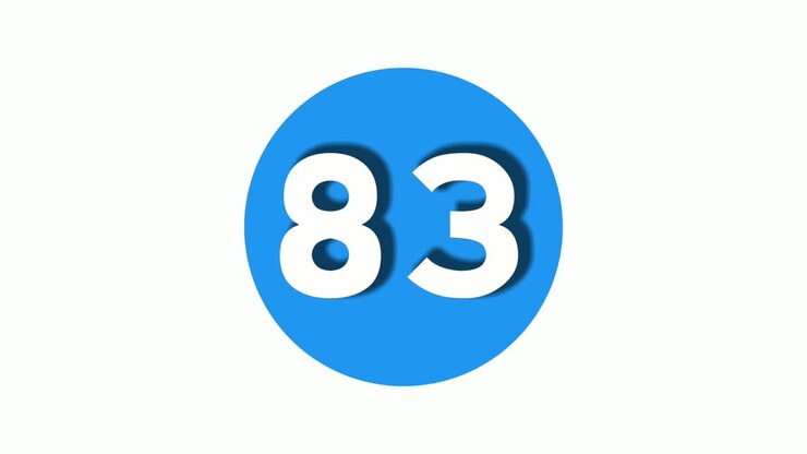 Icona animata di grafica in movimento del simbolo del numero 83 su sfondo bianco con cerchio blu, numero video in stile cartone animato per elementi video.
