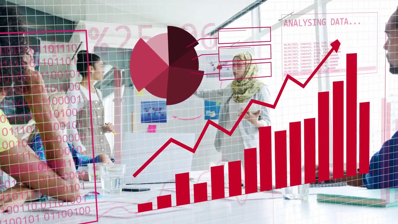 Presenter menunjuk papan dalam rapat bisnis, menunjukkan data: bola dunia merah, biner, dan grafik yang meluas