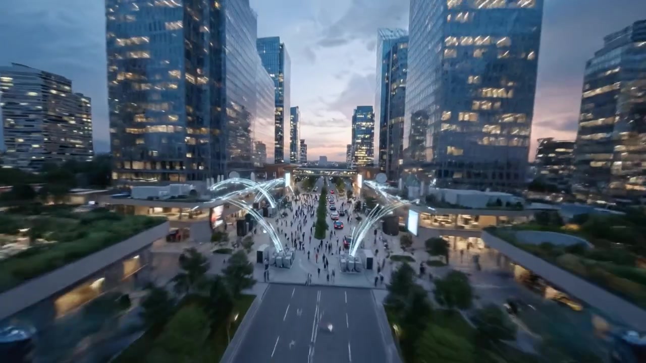 Una cautivadora escena nocturna urbana que muestra imponentes rascacielos y una vibrante vida citadina con vallas publicitarias iluminadas en una bulliciosa metrópolis al anochecer.
