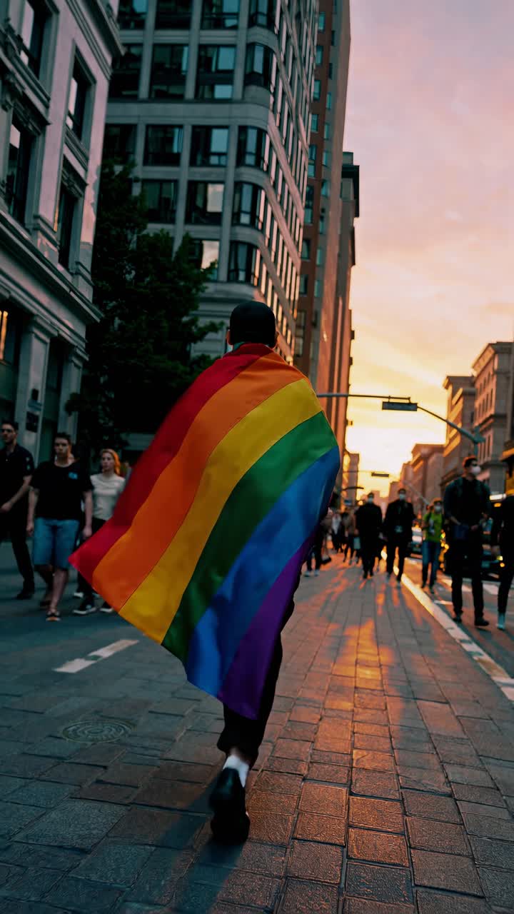 Person Walking Down City Street Draped in Rainbow Flag at Sunset