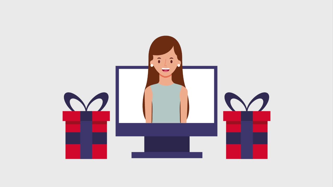 computer with woman video gift boxes