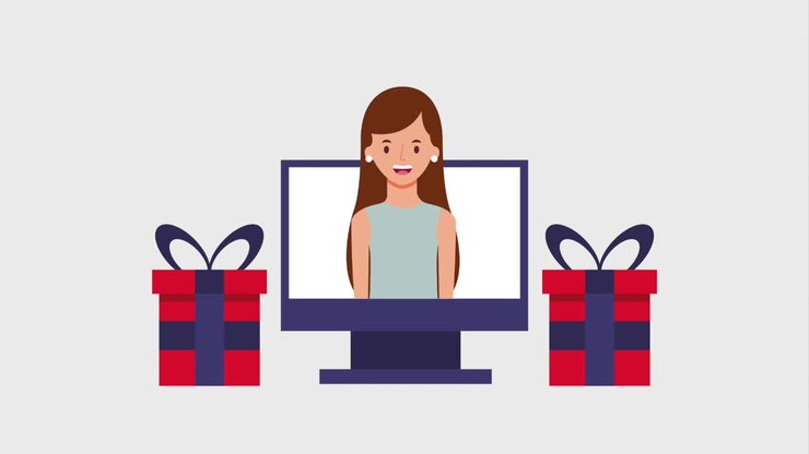 computer with woman video gift boxes