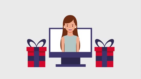 computadora con cajas de regalos de video para mujeres