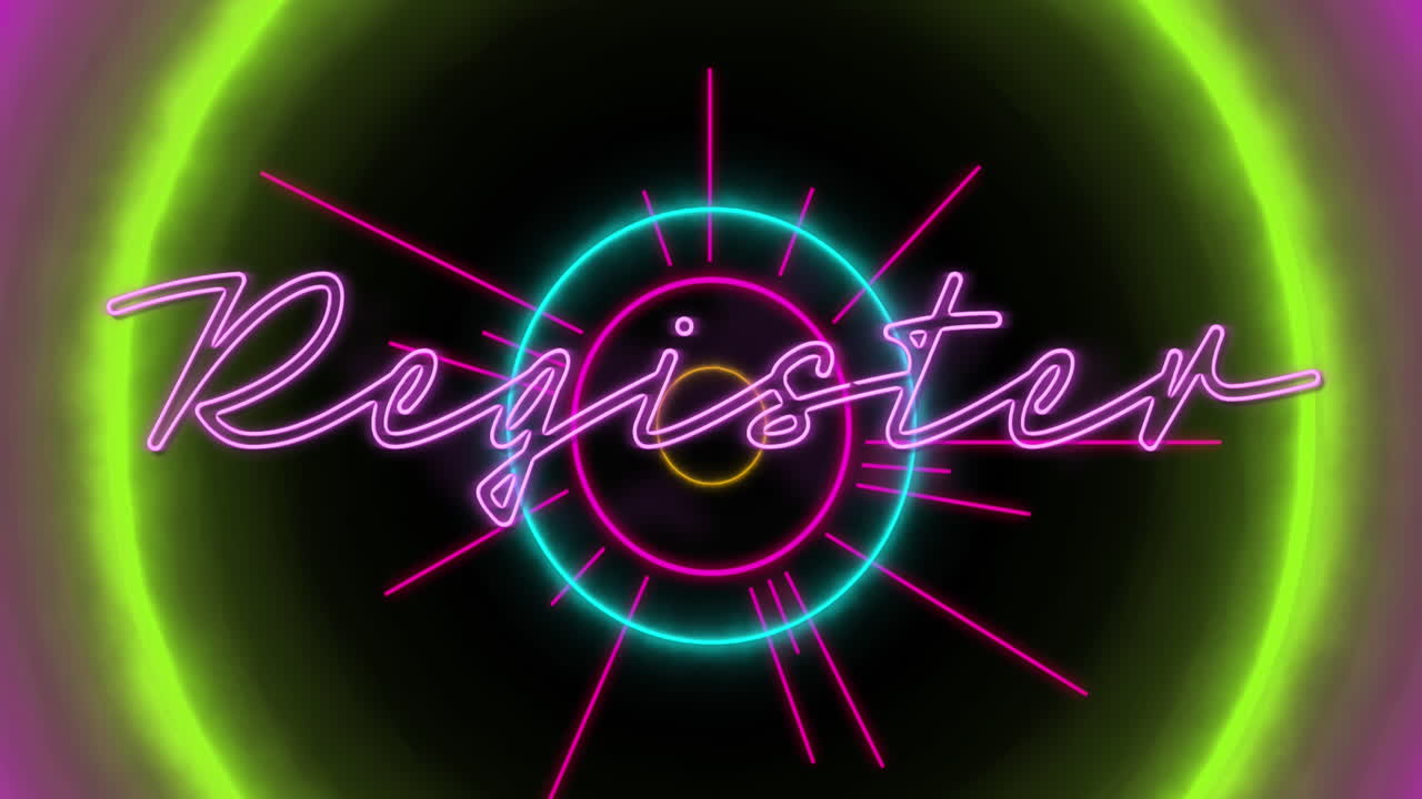 animación de círculos de neón y texto de registro en fondo negro