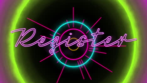animation of neon circles and register text on black background