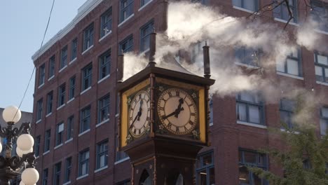 A-Closeup-of-Steam-Clock-in-Gastown,-Vancouver,-Canada