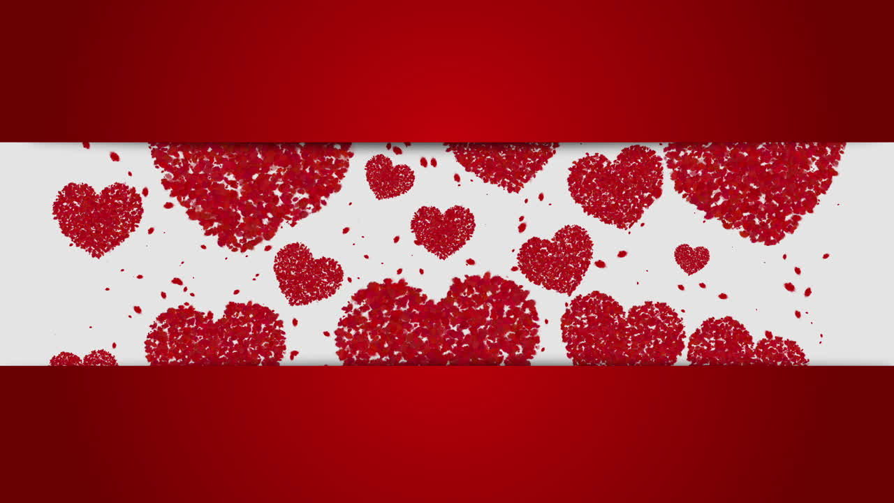Love hearts and particles on a white background. Red ribbons with place for text I love you. Animated wedding banner.
