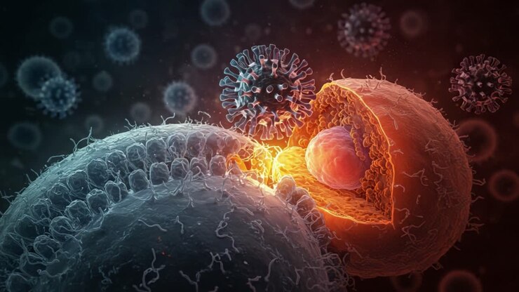 Kompleks interaktion mellem celler og virusser: En visualisering af cellulære processer og viral aktivitet i et mikroskopisk univers