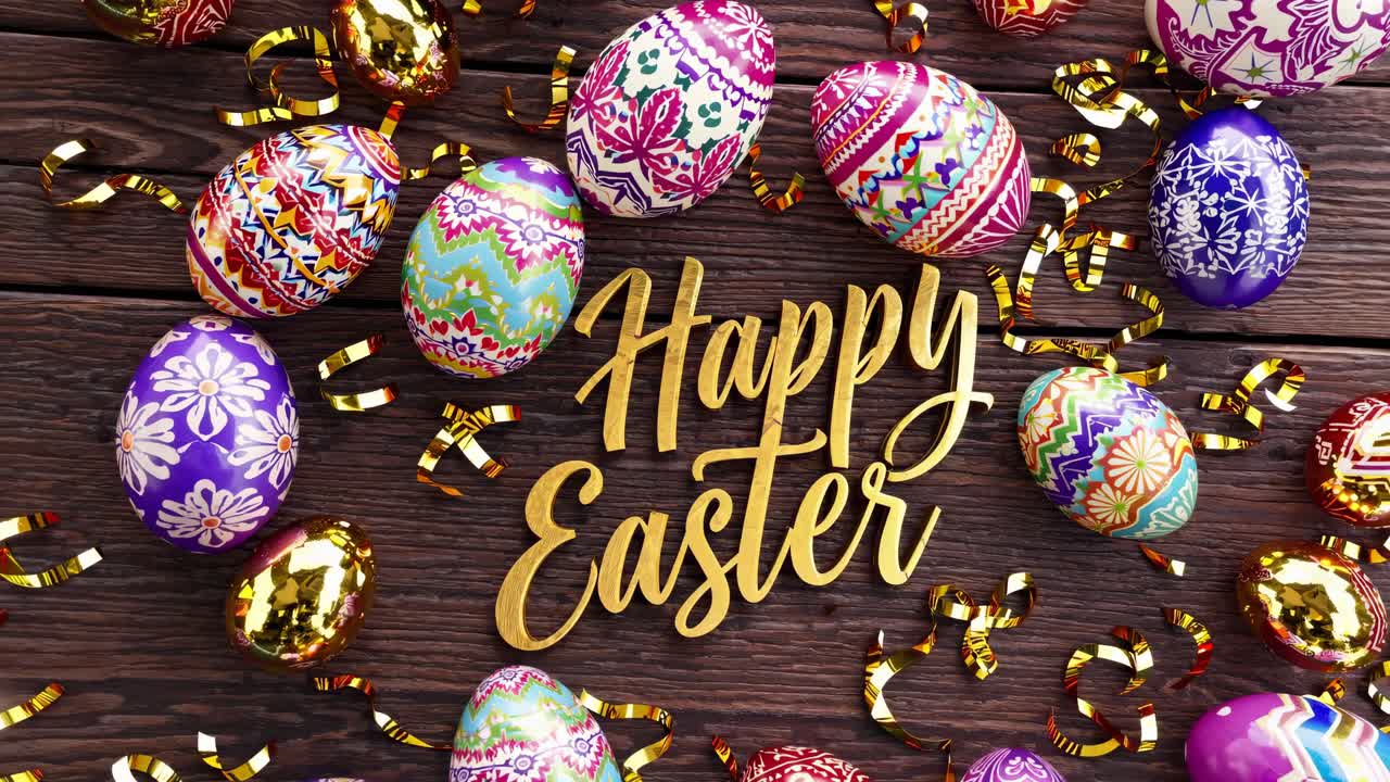 Top-down video shot of colorful Easter eggs and golden confetti on a wooden surface, with 'Happy
