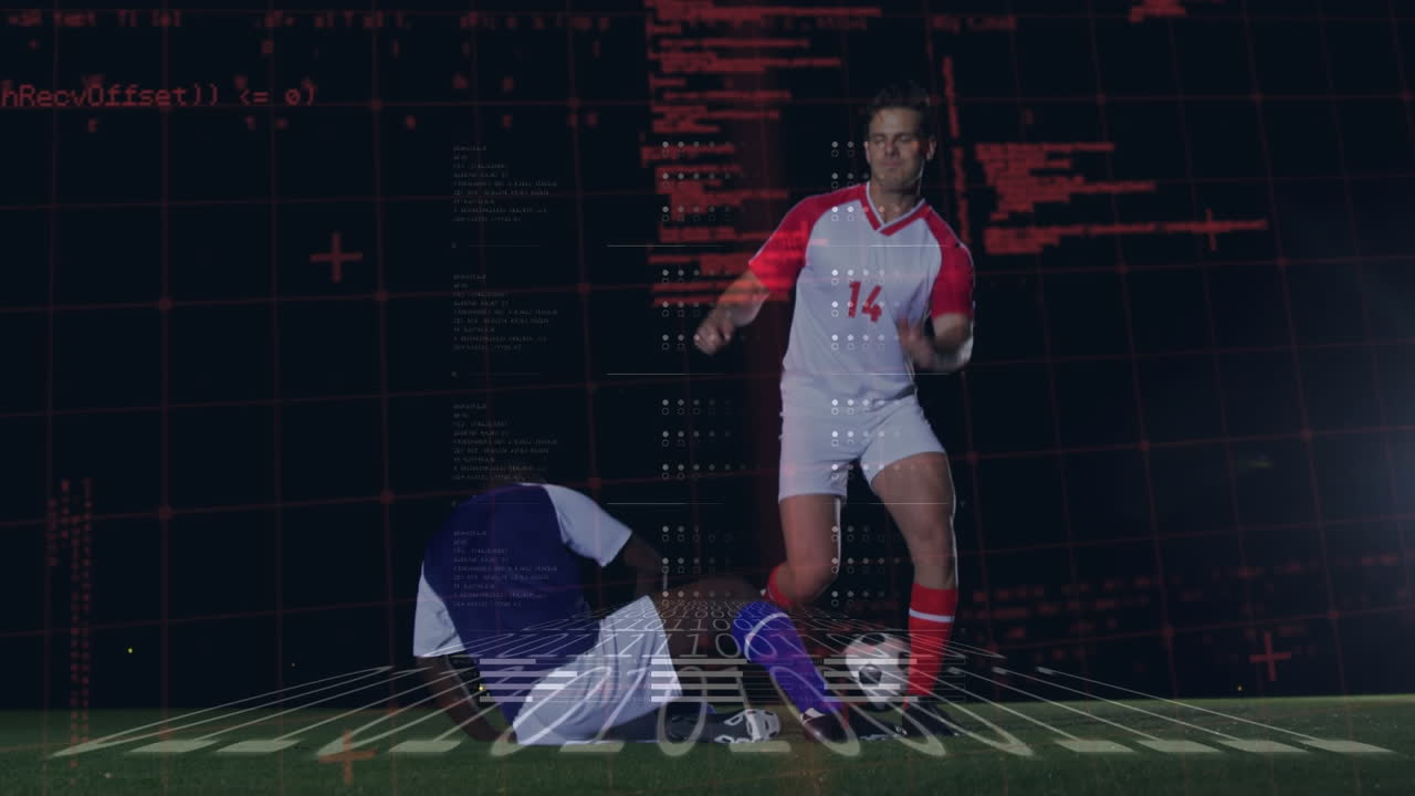 축구를 하는 다민족 남성 선수들에 대한 바이너리 코드와 프로그래밍 언어의 애니메이션