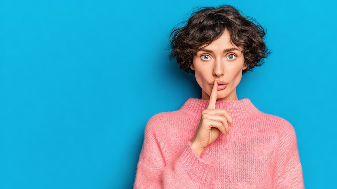 A Captivating Woman in a Cozy Pink Sweater Silently Requests Quietness, With Her Finger to Her Lips Against a Vibrant Blue Background, Evoking Intrigue and Curiosity