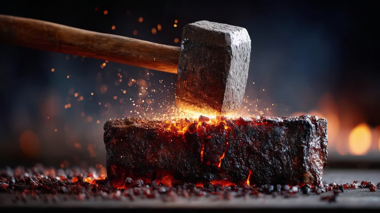 A Masterful Display of Blacksmithing: The Art of Hammering Hot Metal with Precision and Power in a Fiery Workshop Environment