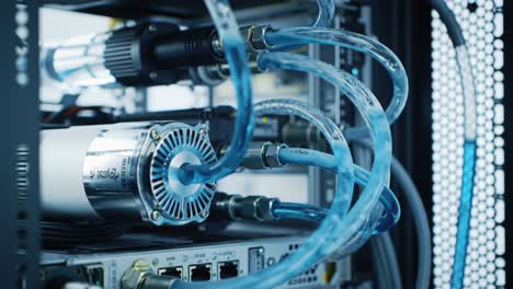 a close-up view of intricate tubing and components in a high-tech data server environment, showcasing advanced cooling solutions and network connections