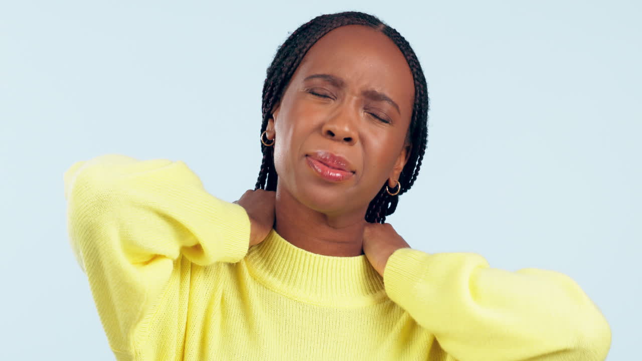 Neck pain, woman and stress in studio for injury