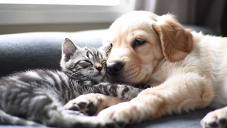 an adorable moment of friendship between a playful puppy and a curious kitten cuddling together on a cozy couch by the window, radiating joy and love