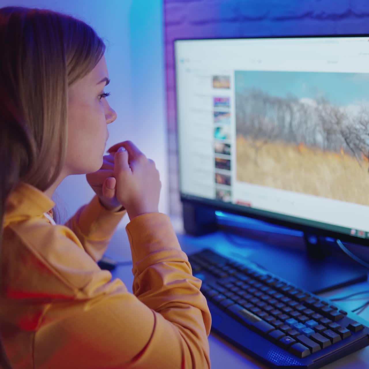 Young woman watching video on a computer. Side view of a concentrated girl sitting in front of the monitor at home.