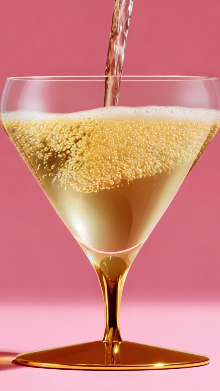 A sparkling beverage pours into an elegant martini glass, showcasing bubbles and a golden-yellow hue against a vibrant pink background, perfect for celebrations and refined gatherings
