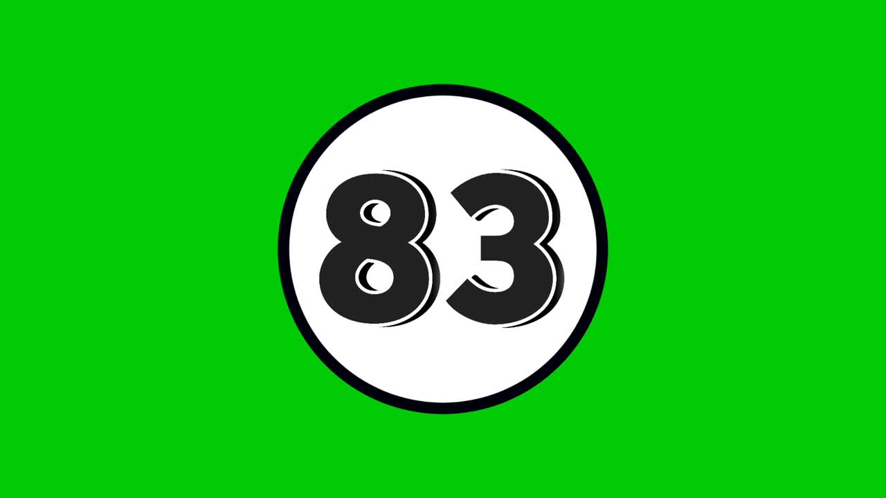 Number 83 symbol sign animation motion graphics cartoon black color on green screen background.numbers in white circle suitable for video elements