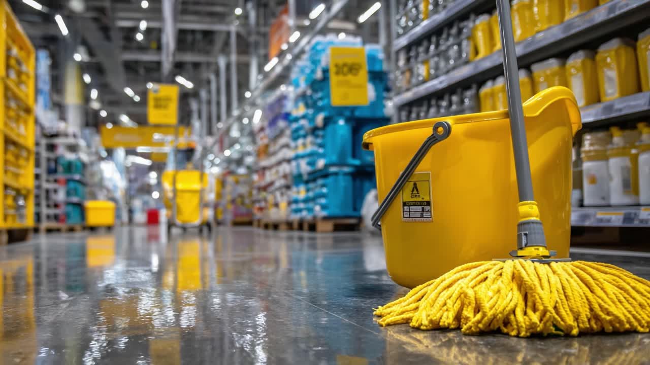 A Yellow Mop and Bucket Displayed in a Brightly Lit Aisle of Home Improvement Store, Illustrating Cleanliness and Organization in Retail Environment