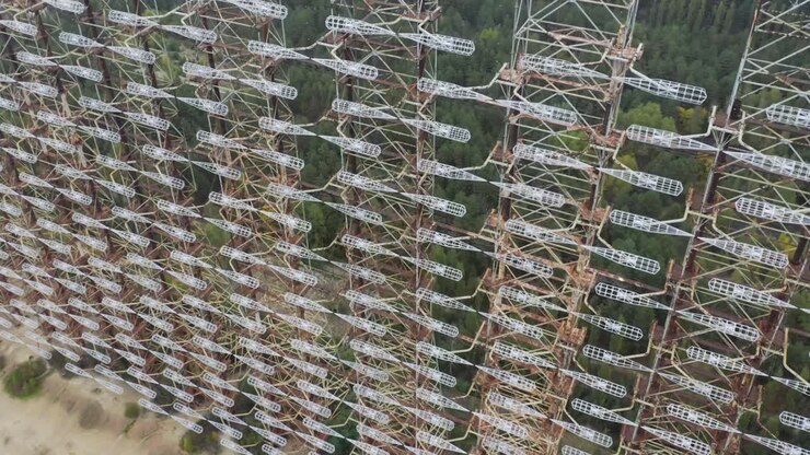 Rusty Duga Antenna At The Radar Station In Chernobyl, Pripyat, Ukraine - approaching drone shot