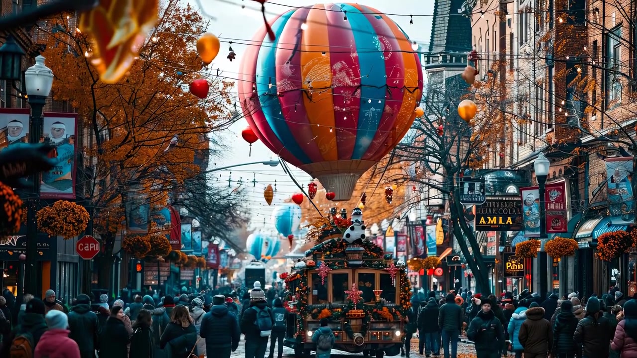 Lyse balloner svæver over gaden. Varmluftballoner stiger op over en menneskemængde på en travl gade under en festlig begivenhed om efteråret med butikker og dekorationer.