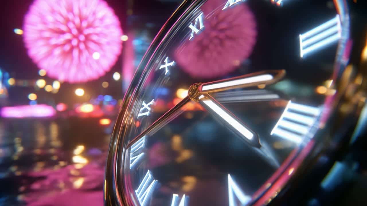 Um close-up impressionante do mostrador de um relógio capturando a passagem do tempo em um cenário vibrante de fogos de artifício coloridos explodindo no céu noturno, simbolizando celebração e o amanhecer de novos momentos