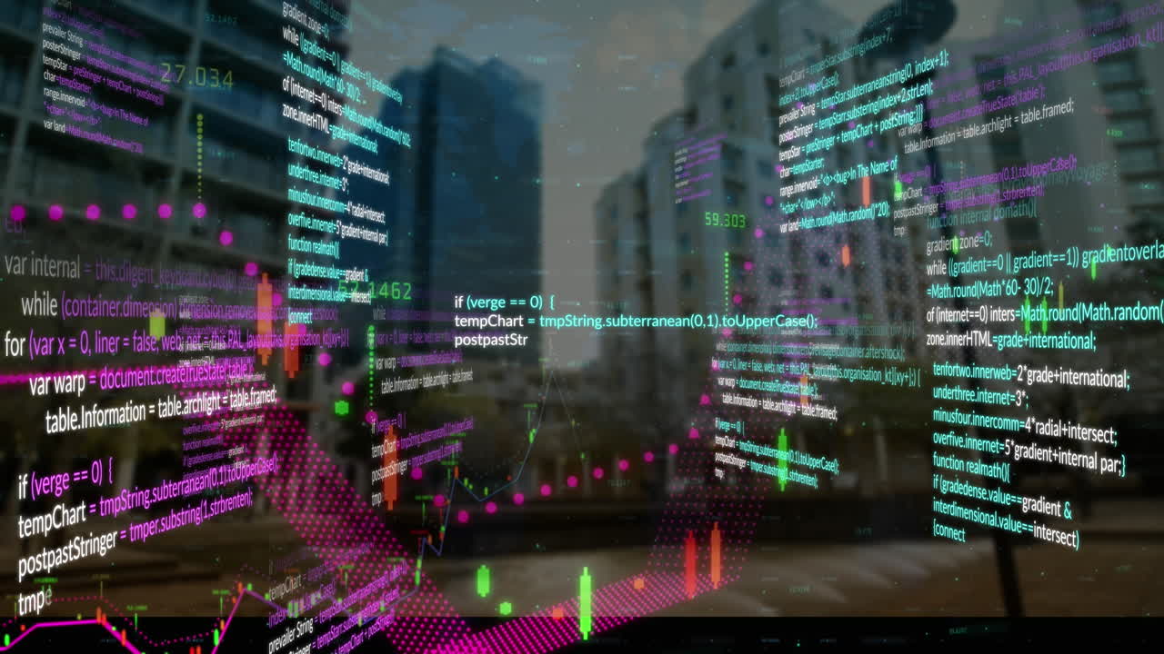 Animation of financial data processing over cityscape