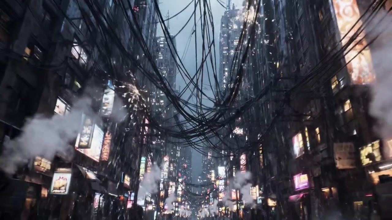 暴風雨の最中に捉えられたディストピア的な都市景観。複雑な電線が密集するそびえ立つ建物と、暗い通りを照らす色鮮やかなネオンサインが特徴。