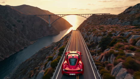 ferrari on a scenic coastal road at sunset