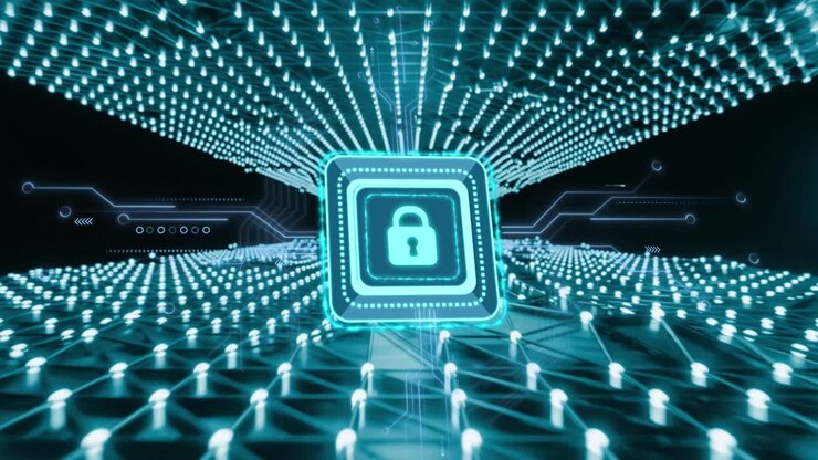 Animation of padlock icon and data processing over mesh of connections