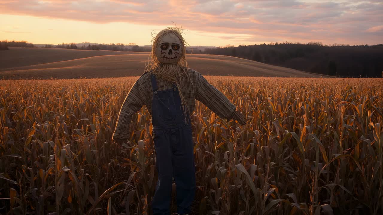 Skyver kameraet fremover gjennom kornåker ved solnedgang etter et bredt bilde, og avslører detaljer om fugleskremselmasken