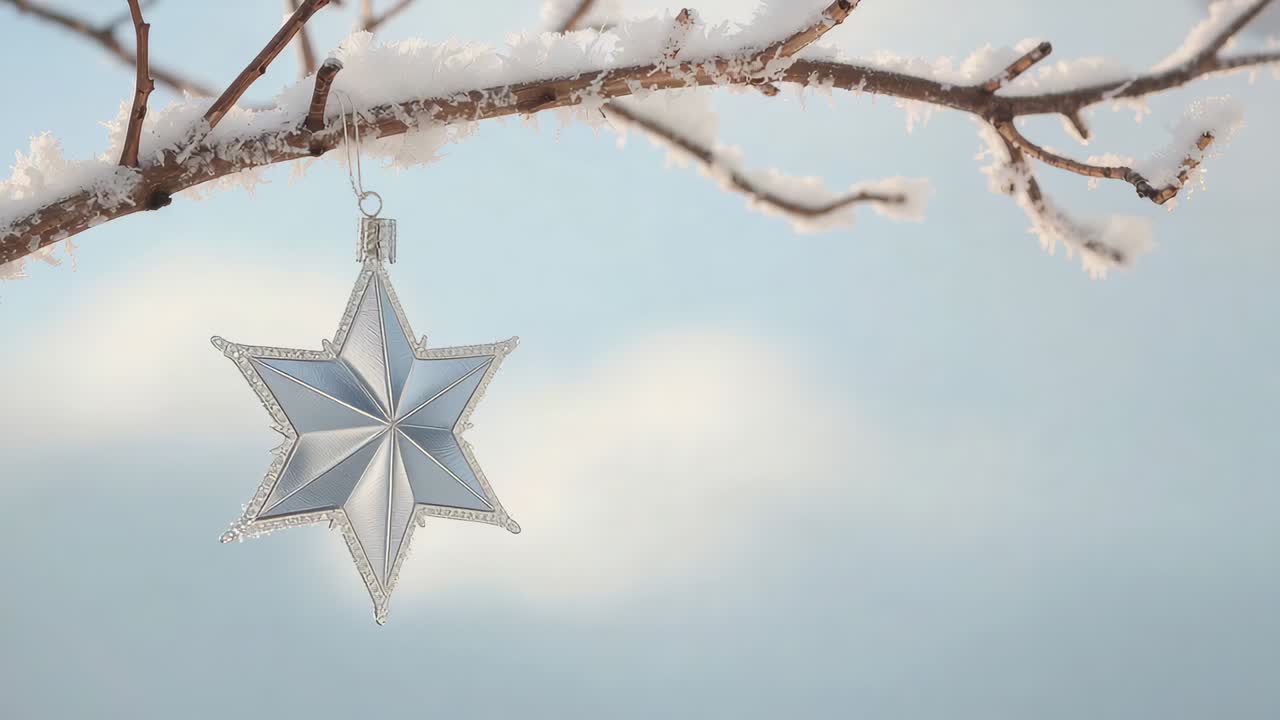 Swaying star ornament with metal cap and loop rotating, settling on snowy tree branch from breeze