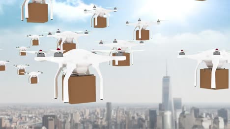 drones flying in the sky with boxes