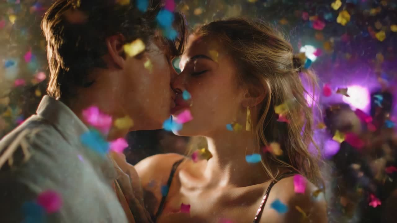 A Romantic Celebration: Two Young Lovers Share an Intimate Kiss Surrounded by a Kaleidoscope of Colorful Confetti in a Vibrant Party Atmosphere, Capturing a Sweet Moment of Affection and Joy