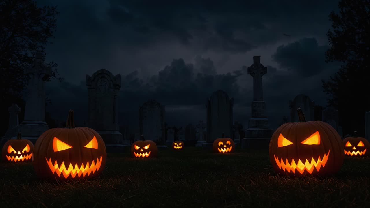 Spooky Halloween Scene Featuring Grinning Jack-o'-Lanterns Surrounded by Eerie Gravestones Under a Dramatic Thunderstorm Sky