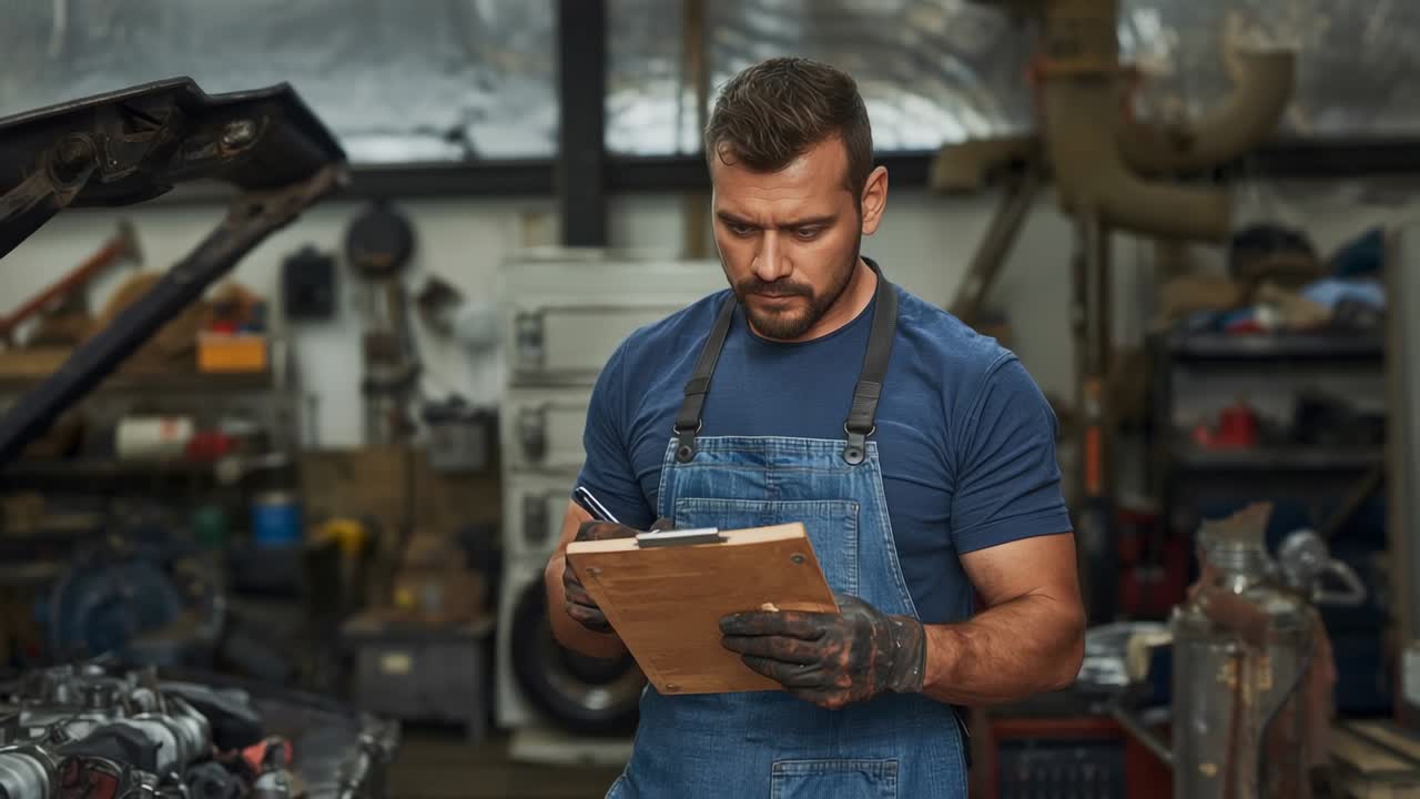 Lifting clipboard, mechanic scanning checklist at auto shop to confirm repair, with pen and engine
