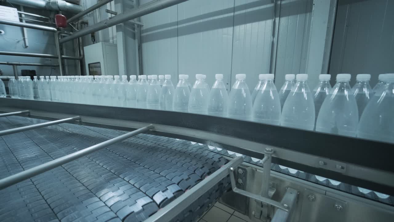 cinta transportadora con botellas de agua potable en una planta de bebidas moderna