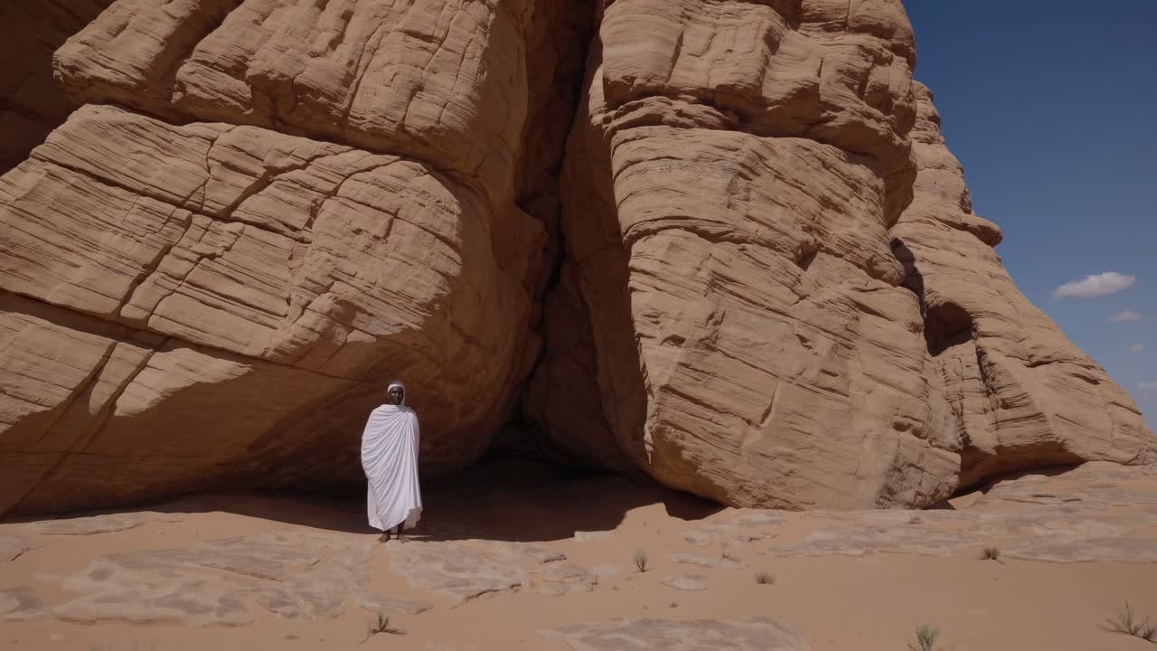 Monk wearing traditional white clothing stands in the Sahara Desert next to towering sandstone formations, showcasing the serene solitude of his spiritual journey