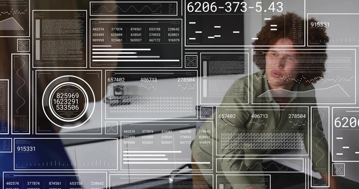 Female colleague booting laptop, adding cameras initiating male analyst presenting metrics charts