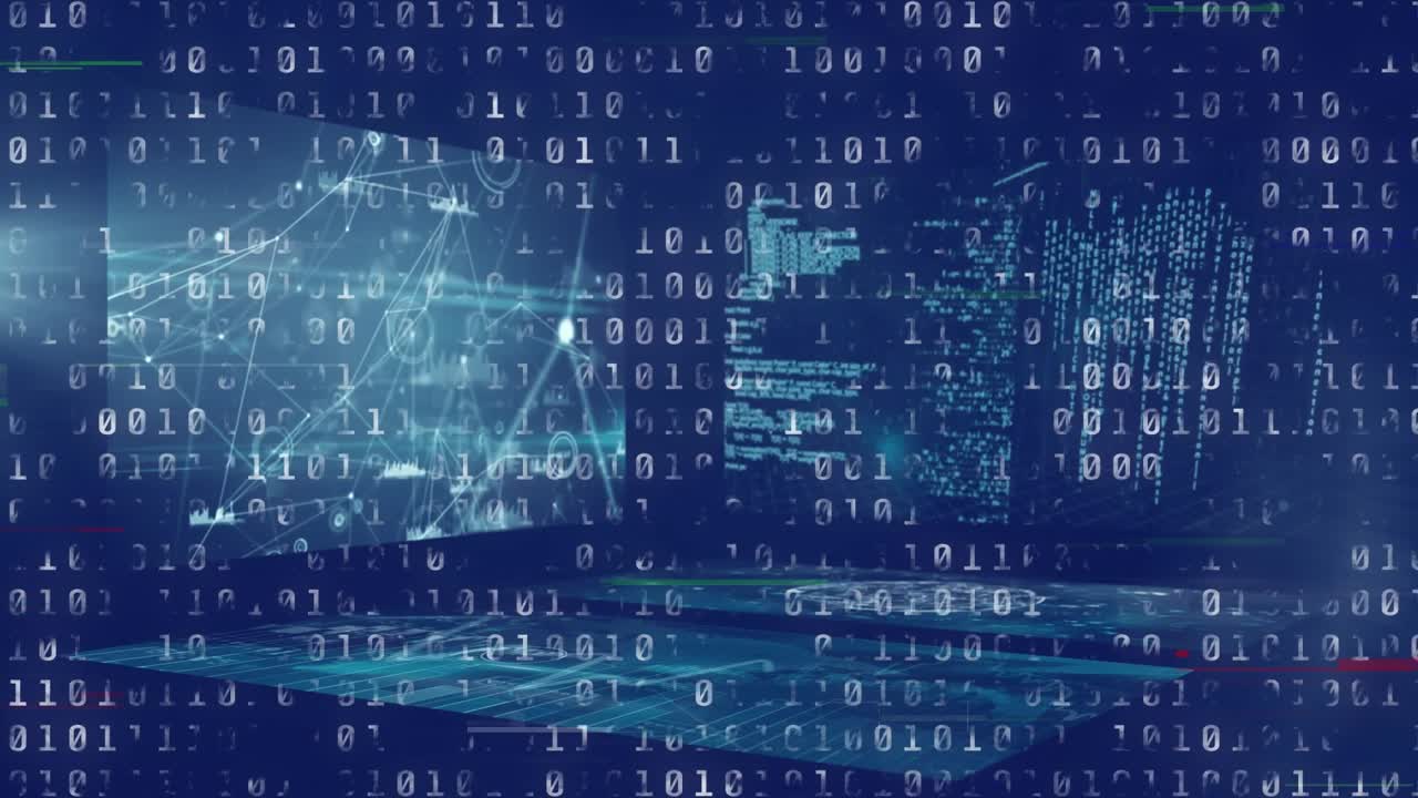 Animation of cyber attack warning network of connections and data processing on digital screen