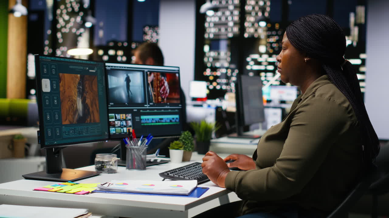 Young black woman video editor working with dual monitors in creative agency