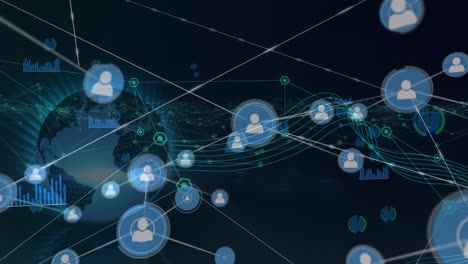 animation of network of connections with icons and globe over blue background